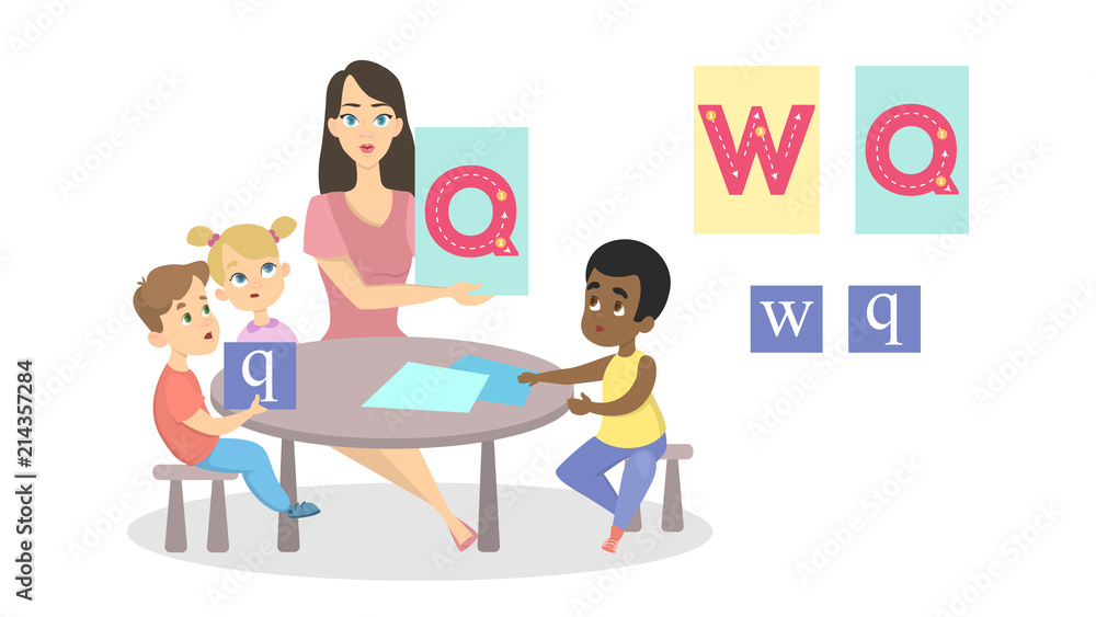 Group of children studying alphabet with teacher Group of children studying alphabet with teacher