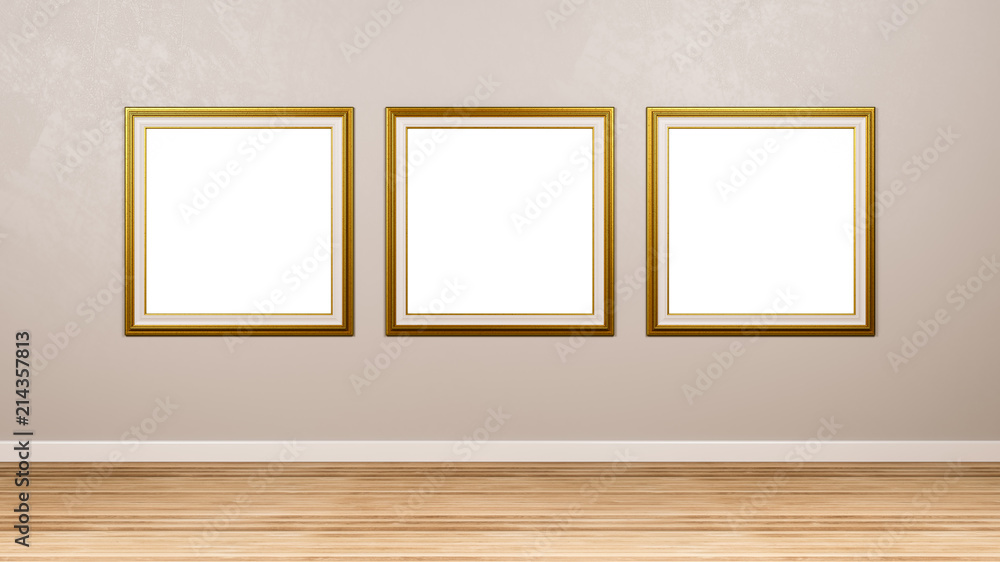 Triptych of Golden Square Empty Picture Frame at the Wall Triptych of Golden Square Empty Picture Frame at the Wall