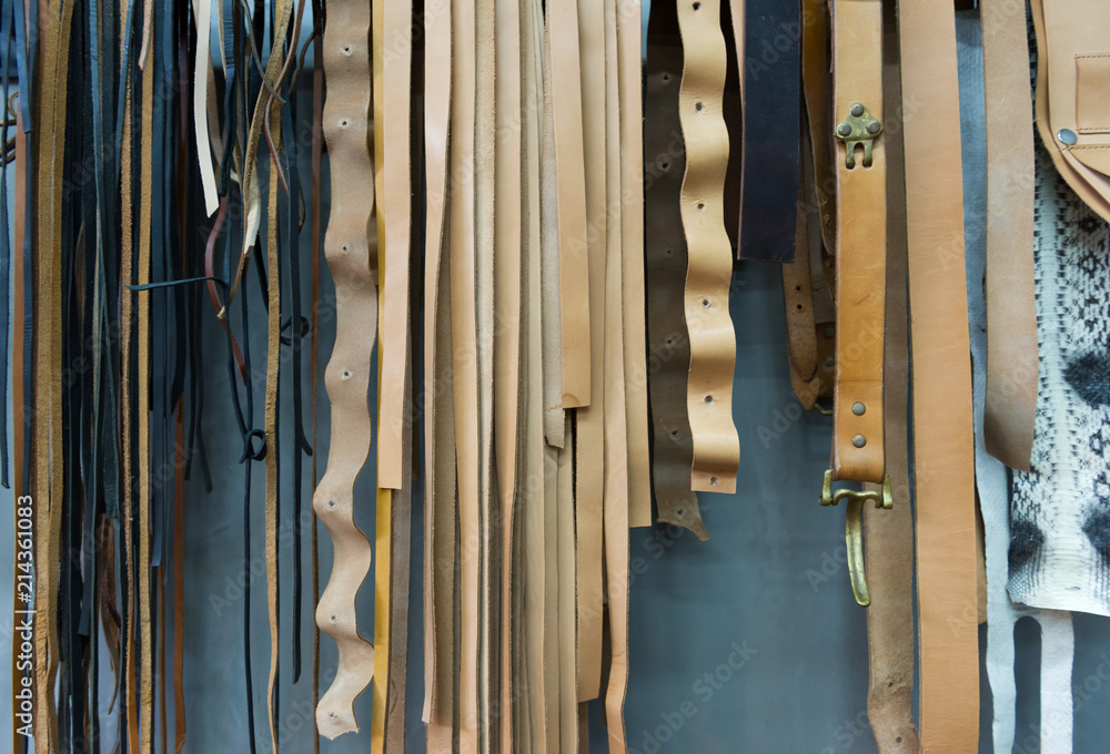 Closeup of different leather hanging