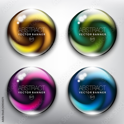 Abstract vector glass banners set of 4.  Colorful glass spheres with yellow, green, blue and violet swirl design. Isolated on the white background. Vector illustration. Eps10.