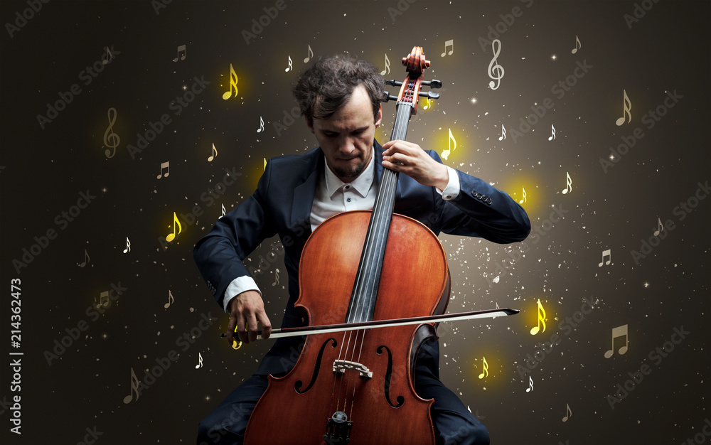 Fototapeta premium Young cellist with falling musical notes wallpaper and classical concept