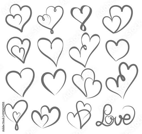 Big set valentines day hand written lettering heart love to design poster, greeting card, photo album, banner, vintage calligraphy vector illustration collection
