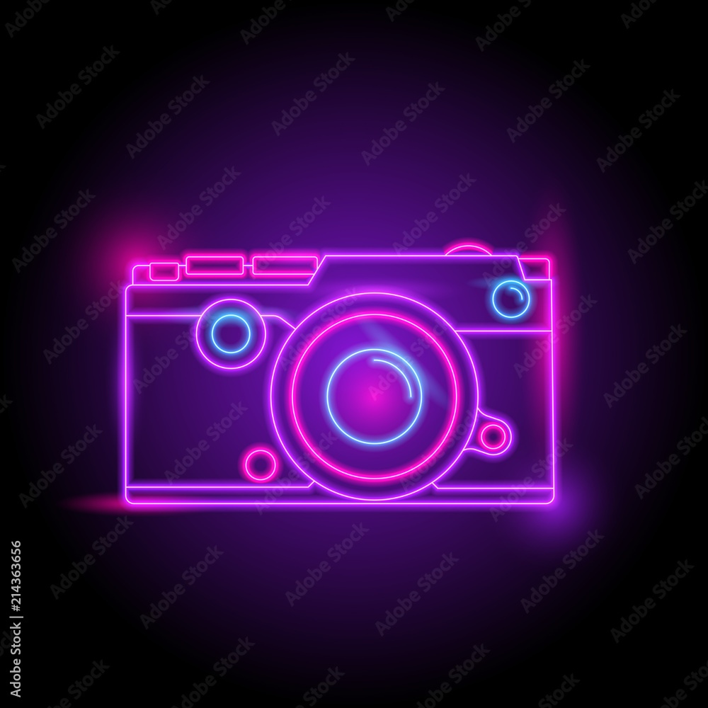 Camera neon logo. glow in the dark. electric theme season. party night club. vector eps10. Camera neon logo. glow in the dark. electric theme season. party night club. vector eps10.