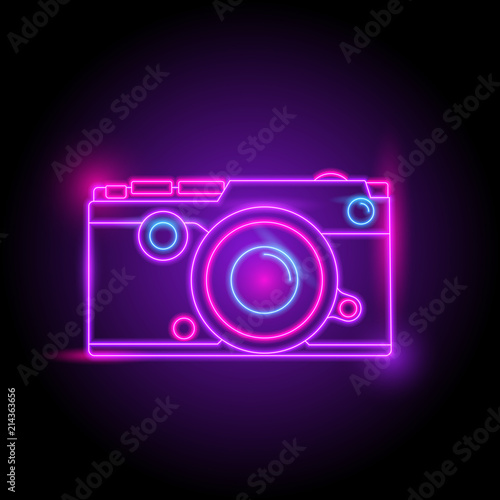 Camera neon logo. glow in the dark. electric theme season. party night club. vector eps10.