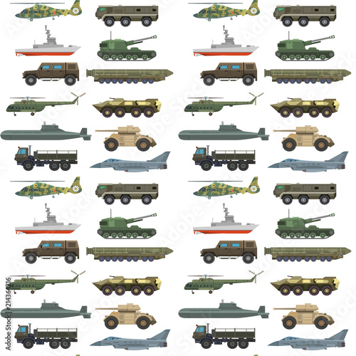 Military transport vector vehicle technic army war tanks and industry armor defense transportation weapon seamless pattern background illustration.