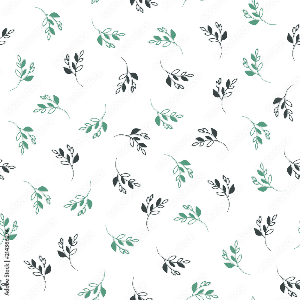 Seamless floral pattern. Black and green branches with leaves on white background. Vector illustration. Seamless floral pattern. Black and green branches with leaves on white background. Vector illustration.