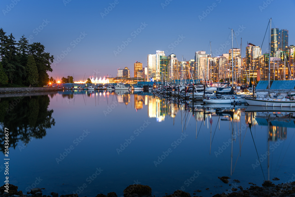 Coal Harbour and Vancouver Skyline at Twilight. Reflection in Water. Vancouver BC, Canada.