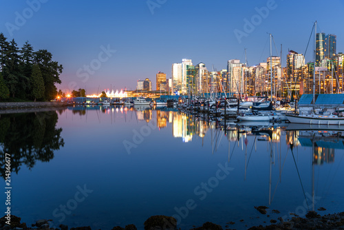 Coal Harbour and Vancouver Skyline at Twilight. Reflection in Water. Vancouver BC  Canada.