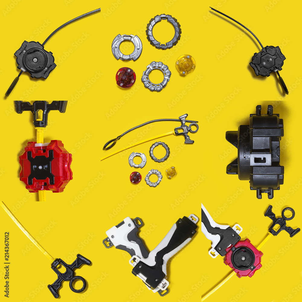 set of beyblade kid toys over yellow background. Ring, handle, launcher, gyroscope. Instagram template