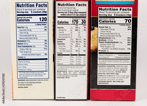 Printed nutrition facts on cardboard boxes