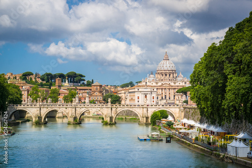 View on Tiber and Saint Peter's Cathedral, the papal Basilica in Vatican. Rome, Italy 