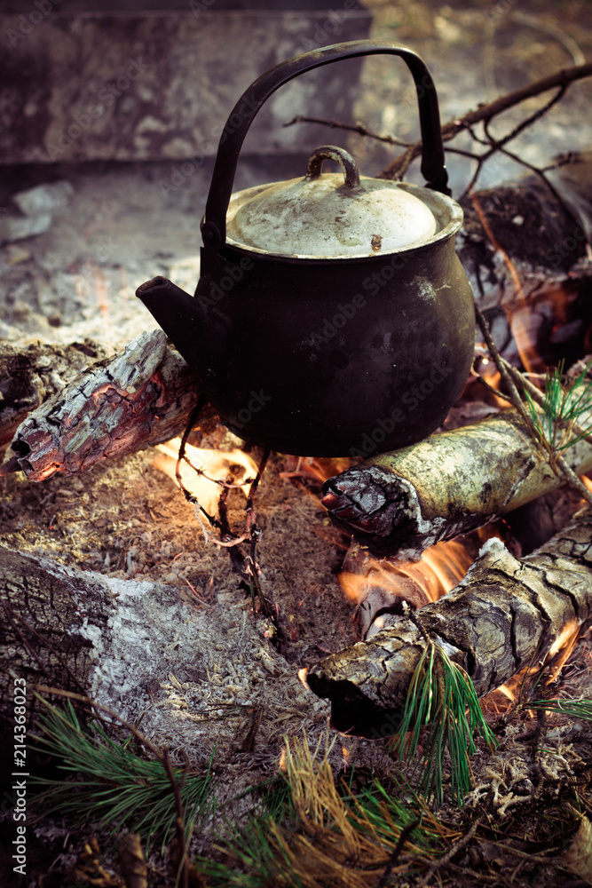 Kettle on the bonfire of pine branches, trekking, tourism Kettle on the bonfire of pine branches, trekking, tourism