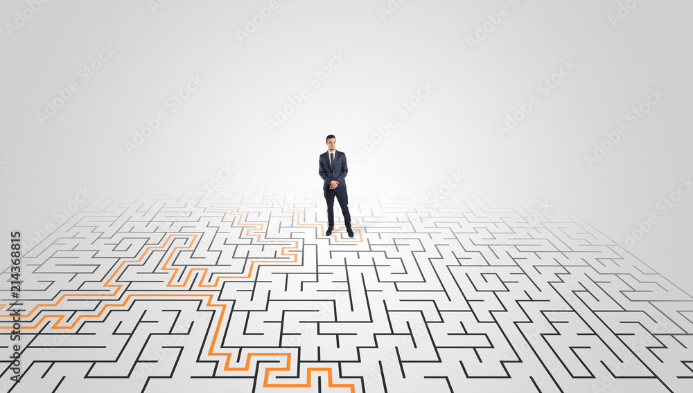 Young entrepreneur standing in a middle of a labyrinth with the solution
Young entrepreneur standing in a middle of a labyrinth with the solution