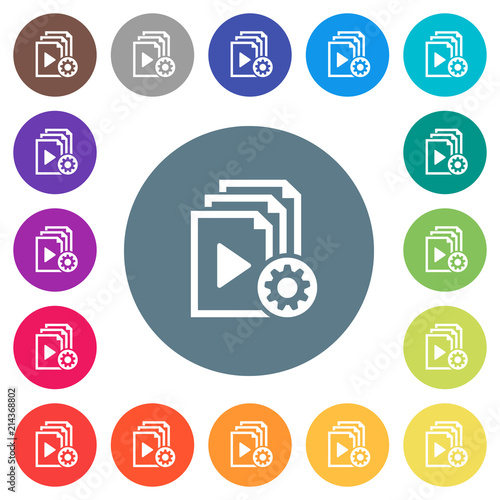 Playlist settings flat white icons on round color backgrounds
