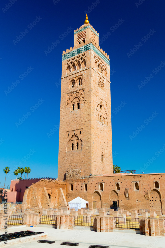 Minaret of the Koutoubia Mosque in Marrakech, Morocco.