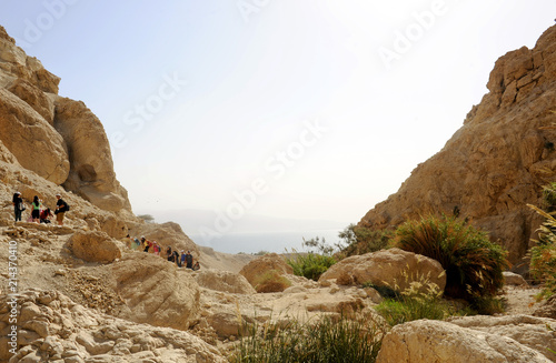 Touristengruppe im Wadi David, Nature Reserve, En Gedi, Judäa, Totes Meer, Israel, Naher Osten, Vorderasien