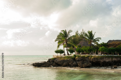 The shore line with palm trees and stone grottoes