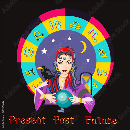 The oracle girl predicts the future on a magic ball vector illustration