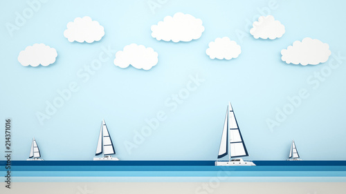 The beach view and sailboat on the sea view - Artwork for summer time - Illustration on the beach for holiday - Paper cut or craft style - 3D Illustration