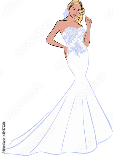 Elegante glamouröse Braut in langem Kleid mit Spitze
