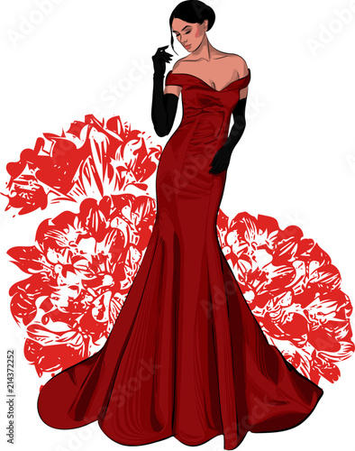 Elegante Frau in langem roten Ballkleid