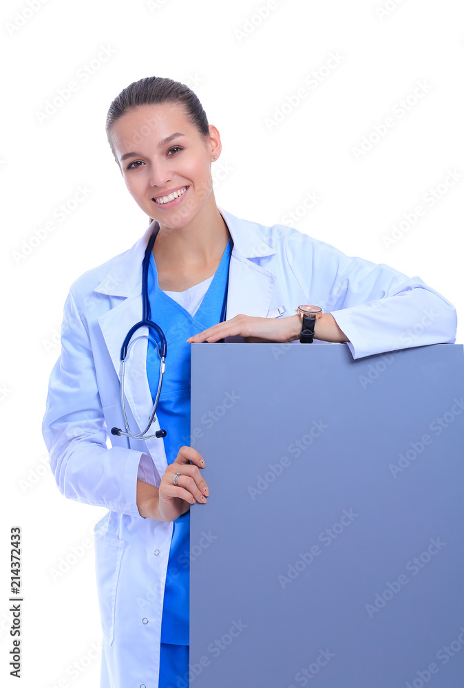 A female doctor with a blank billboard. Woman doctor A female doctor with a blank billboard. Woman doctor