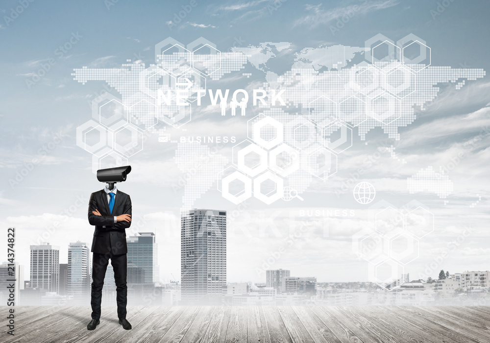 Concept of security and privacy protection with camera headed man Concept of security and privacy protection with camera headed man