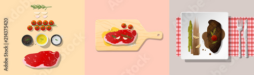 Set of strip loin steak recipe , preparation cooking and plating , vector , illustration