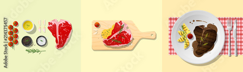 Set of t-bone steak recipe , preparation cooking and plating , vector , illustration