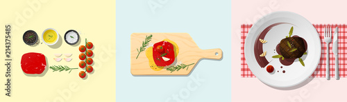 Set of tenderloin steak recipe , preparation cooking and plating , vector , illustration