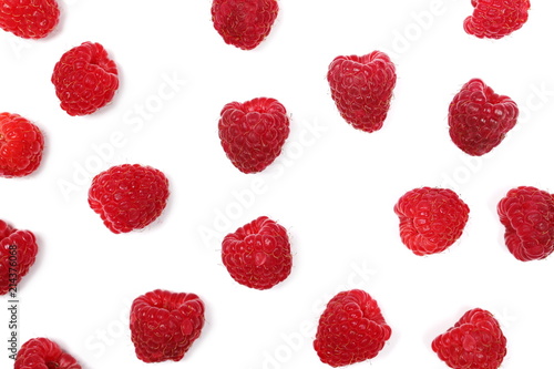 Set raspberries isolated on white background and texture, top view