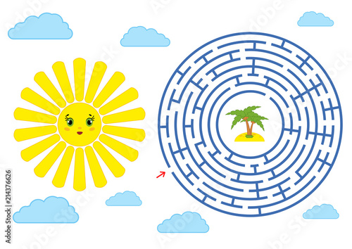 Round maze with a cartoon character. Nice sun with clouds and beach. An interesting and developing game for children. Simple flat isolated vector illustration.