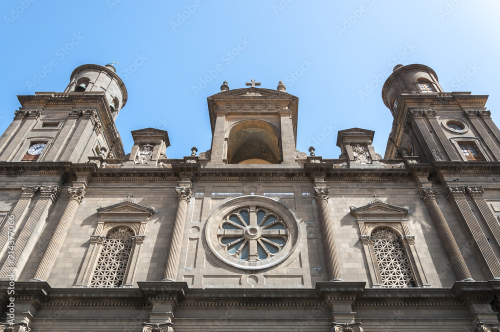 Close-up of the front of the Cathedral of Santa Ana, in Las Palmas de Gran Canaria, Canary Islands, Spain. It is considered the most important monument of Canarian religious architecture