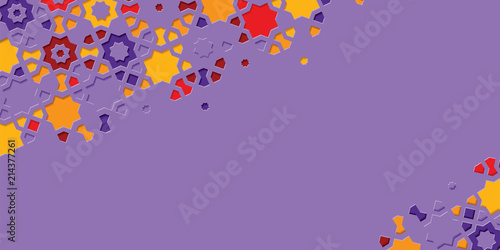Arabic arabesque design greeting card for Ramadan Kareem.Islamic ornamental colorful detail of mosaic isolated on a purple background.Vector illustration.