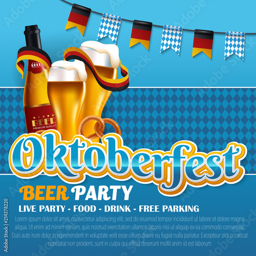Advertisement poster template of Oktoberfest beer party with different objects related with beer festival. Hand drawn doodle pattern on background