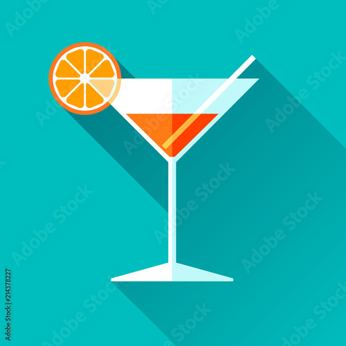 Glass for vermouth icon in flat style, wineglass on color background. Alcohol cocktail with lemon and straw. Vector design elements for you business project 