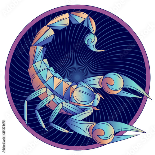 Scorpio zodiac sign, horoscope symbol. Futuristic style icon. Stylized graphic blue scorpion with raised up sting and pincers, ready to attack. Portrait scorpio in circle. Vector illustration.