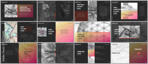 Minimal presentations design, portfolio vector templates with elements on black background. Multipurpose template for presentation slide, flyer leaflet, brochure cover, report, marketing, advertising.