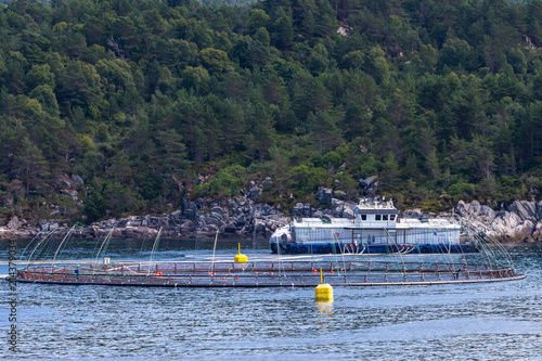 Salmon fish farm in fjord. Norway, Bergen.