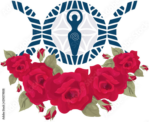 Vector Illustration for Wiccan community: Pagan triple moon goddess. Moon Triple Goddess flower altar icon.