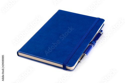 Blue notebook with pen isolated on white background.