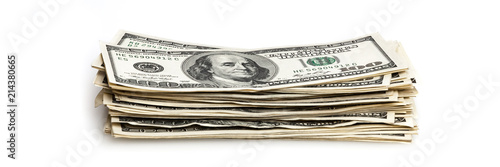 A stack of one hundred dollar bills on a white background.