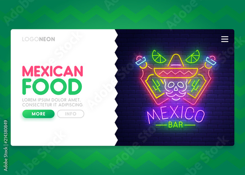 Colorful Landing Page. Mock up website. Home Page. Web banner templates. Social media, business app, seo and marketing. Theme Mexican Food. Mexico Bar. Neon sign style. Vector illustration