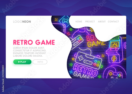 Colorful Landing Page. Mock up website. Home Page. Web banner templates. Social media, business app, seo and marketing. Theme Retro Game. Gamer. Neon sign style. Vector illustration