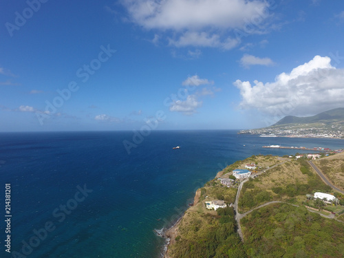 Fototapeta Naklejka Na Ścianę i Meble -  Aerial view of azure coastal water of Saint Kitts and Nevis