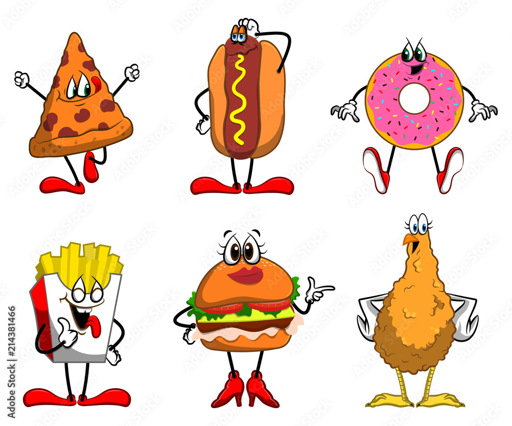 Set Of Junk Food Cartoon Characters Vector Stock Vector | Adobe Stock