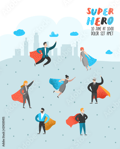 Superhero Business People Characters Poster, Banner. Business Leadership, Success, Motivation Concept. Man and Woman Wearing a Red Cloak. Vector illustration