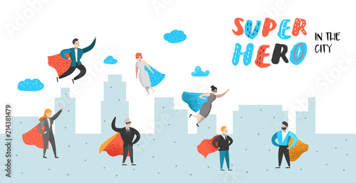 Superhero Business People Characters Poster  Banner. Business Leadership  Success  Motivation Concept. Man and Woman Wearing a Red Cloak. Vector illustration
