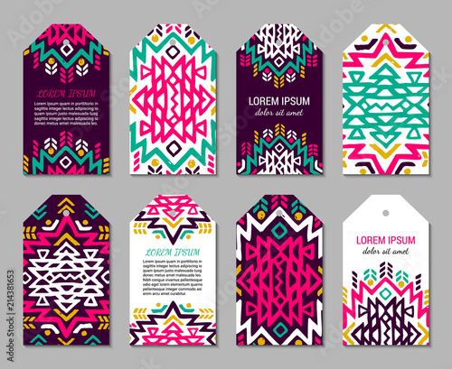 Bright colorful vertical tag design temlpate set with tribal aztec style ornament. Ethnic paper label collection. EPS 10 vector concept illustration. Clipping masks. photo