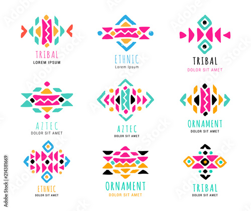 Colorful  Aztec style ornamental simple hand-drawn logo set. American indian ornate pattern design collection. Tribal decorative templates. Ethnic ornamentation. EPS 10 vector illustration.
